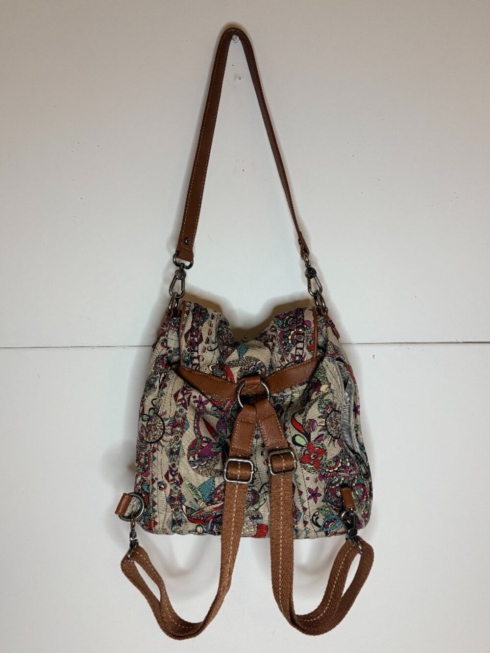 Sakroots Convertible Owl Floral Multicolor Print Side Zipper Hobo Flap Backpack